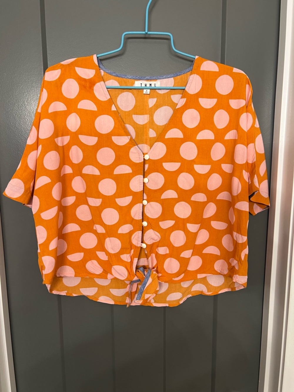 THML Orange and Pink Polka Dot Tie-Hem Button Top size small